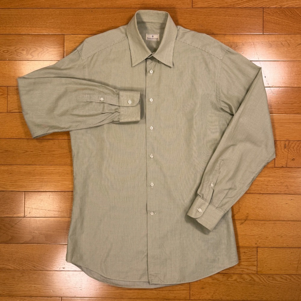 Ermenegildo Zegna‎ Green Dress Shirt Mens 38 / 15 Pin Dot Pattern Button Up